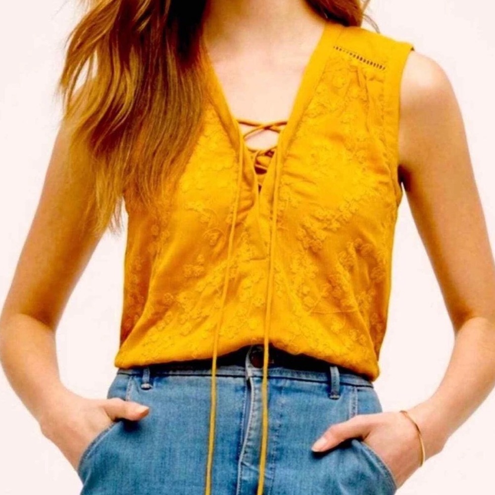 Anthropologie Maeve Mustard Yellow Lace-Up Tank Top size 4
